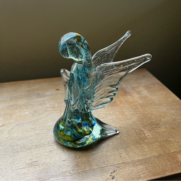 Handblown Glass Angel Praying Figurine Art Glass Blue Yellow Swirls - Picture 3 of 8